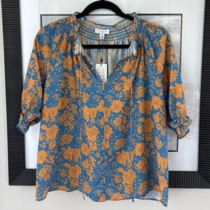 Anthropologie Current Air Floral Blouse XS Blue Gold Ruffle Tie Neck NWT